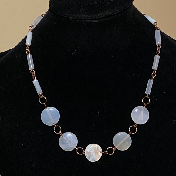 Geometric Round Agate Necklace, Rustic Genuine Gemstone Copper Link Necklace - Picture 3 of 9